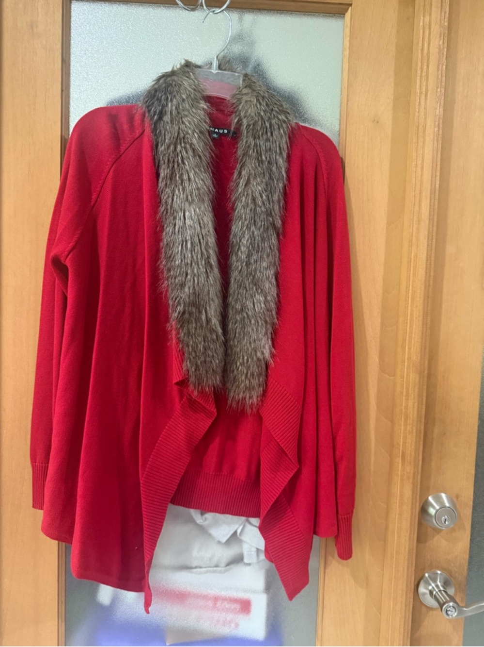 Chaus Red Open-Front Sweater Cardigan with Faux Fur Collar - Size Large